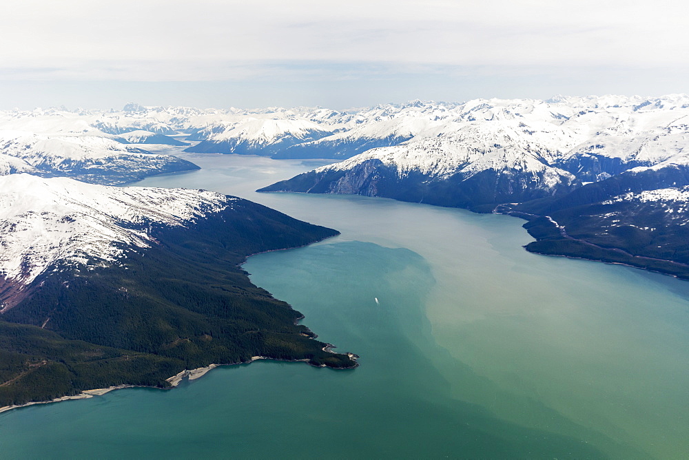 Aerial View Of A Glacier Fjord In The Inside Passage, And Snow Capped Peaks, Wrangell, Southeast Alaska, USA, Spring