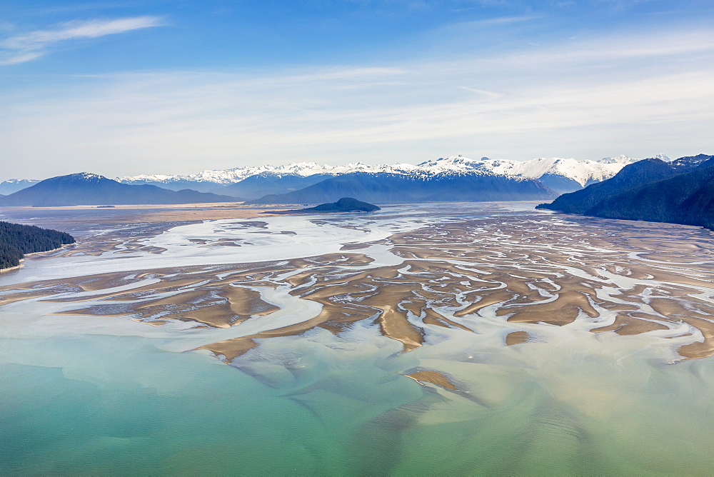 Aerial View Of Low Tide In The Stikine River Delta On A Clear Day, Wrangell, Southeast Alaska, USA, Spring