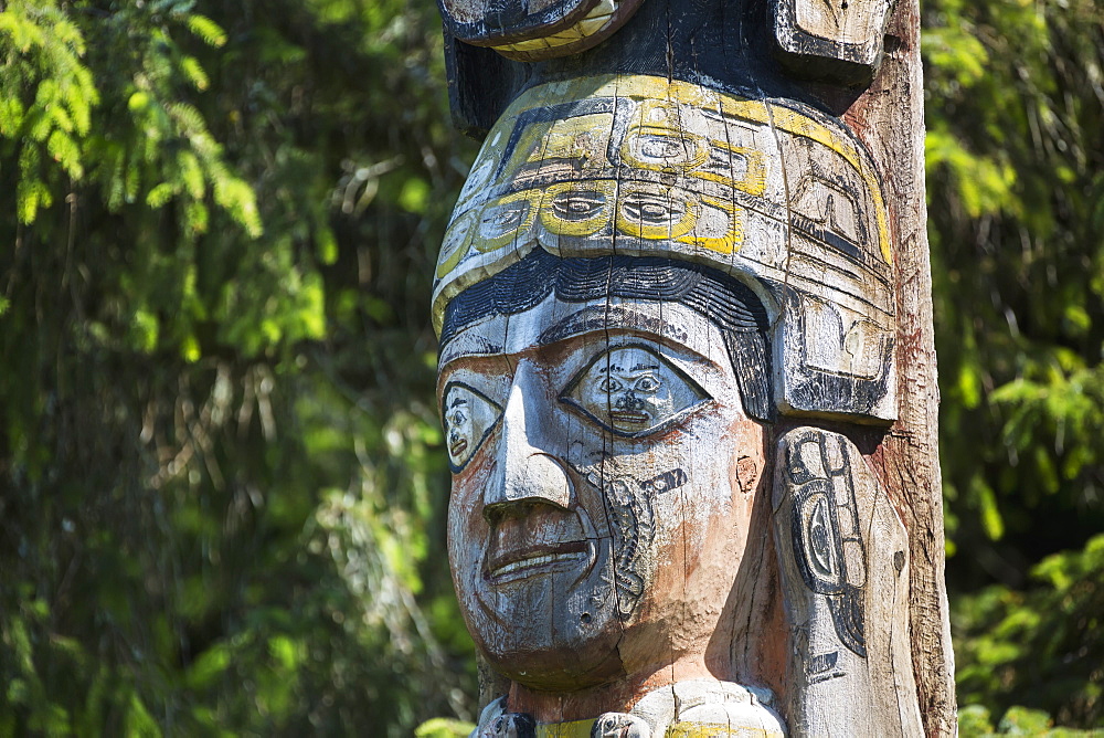 Detail Of A Human Figure Carved Into A Totem Pole, Totem Bight State Historical Park, Ketchikan, Southeast Alaska, USA, Spring