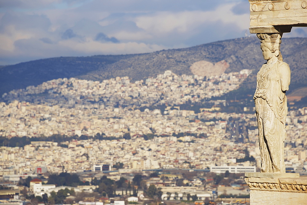 Hills Of Athens Seen Behind Erechtheion Caryatid, Athens, Attica, Greece