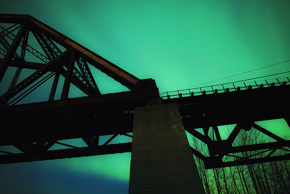 Mears Memorial Bridge And The Northern Lights, Alaska, United States Of America