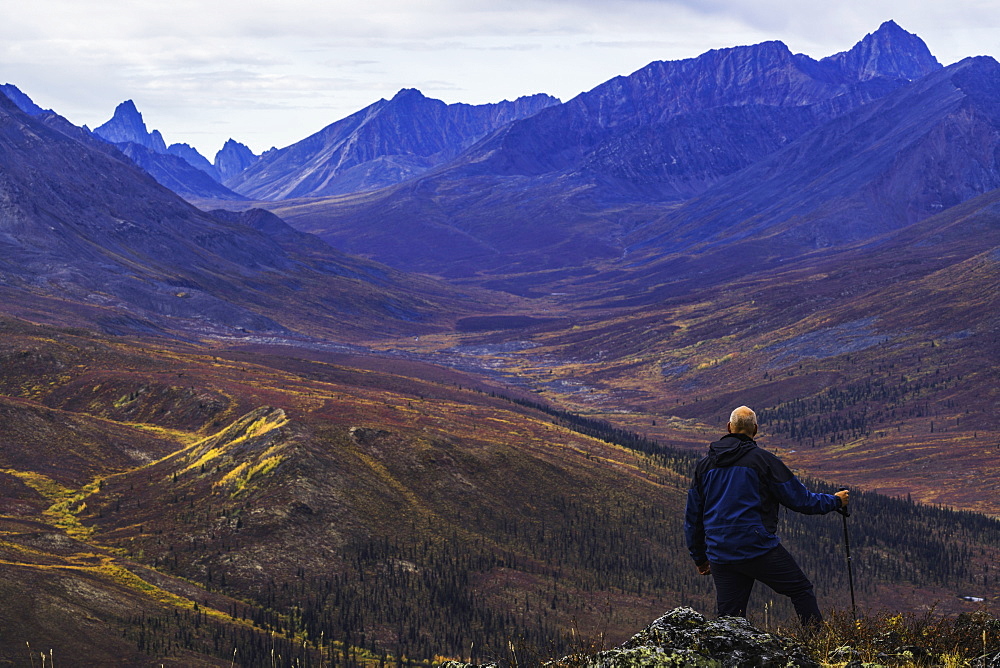 Man Standing On A Mountain Top Overlooking The Klondike Valley In Autumn, Yukon, Canada