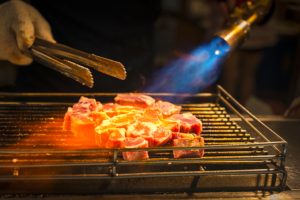 Local Night Markets Of Taipei Are Really Famous Because Of It's Delicious Food. Grilled Beef Flared By Blowtorch, Taiwan, China