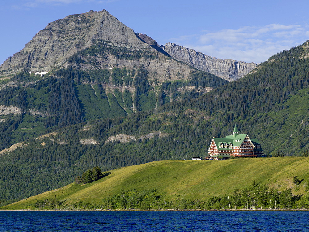 Upper Waterton Lake And Mountains With Prince Of Wales Hotel, Waterton Lakes National Park, Alberta, Canada