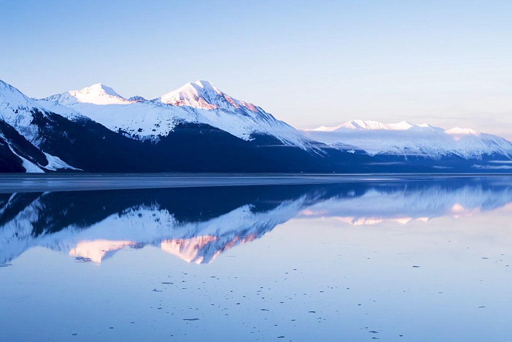 Snow Covered Mountains Across Turnagain Arm In Springtime, Near Mile 87 Of The Seward Highway, Alaska, United States Of America