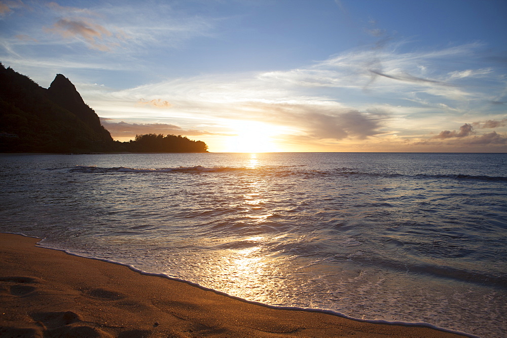 Sunset, Tunnels Beach, Also Known As Haena Beach, With View Of Napali Coast, North Shore, Kauai, Hawaii, United States Of America