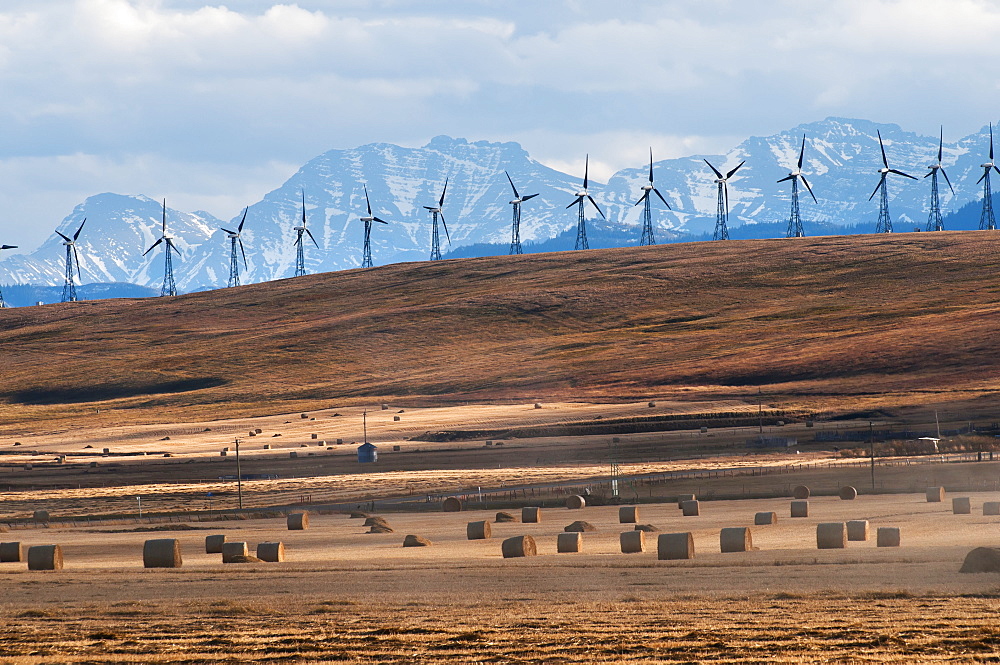 Wind Turbines In A Row With Hay Bales In The Foreground And The Canadian Rockies In The Background, Pincher Creek, Alberta, Canada