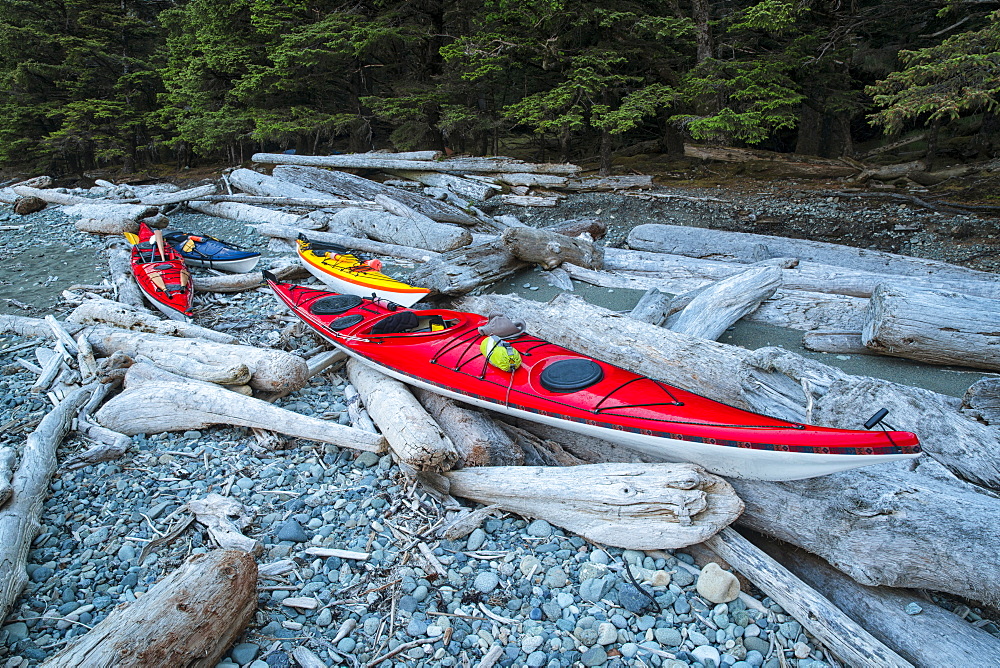 Kayaks Lie On The Shoreline Waiting For The Weather To Clear, Haida Gwaii, British Columbia, Canada