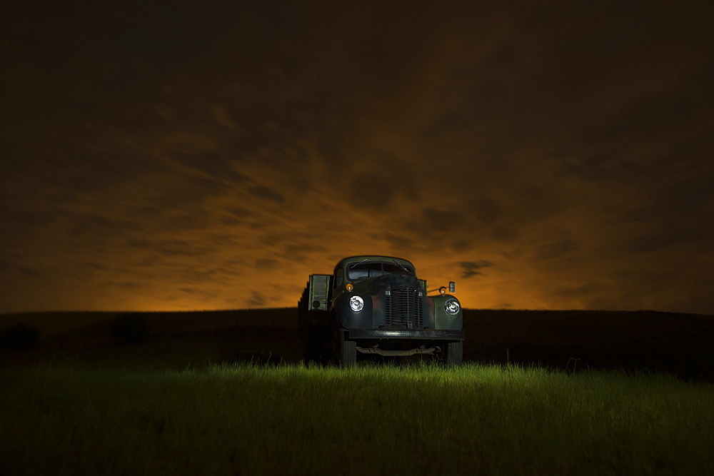 A Vintage Truck In A Grass Field At Sunset, Palouse, Washington, United States Of America