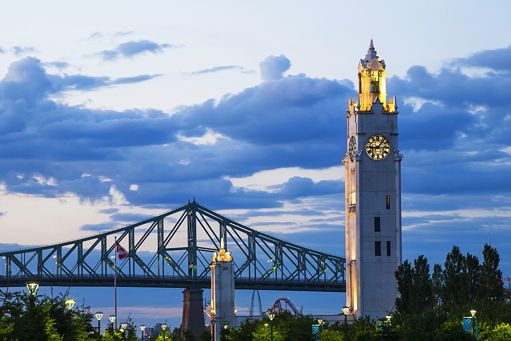 Tower Clock At The Old Port And Jacques Cartier Bridge, Montreal, Quebec, Canada