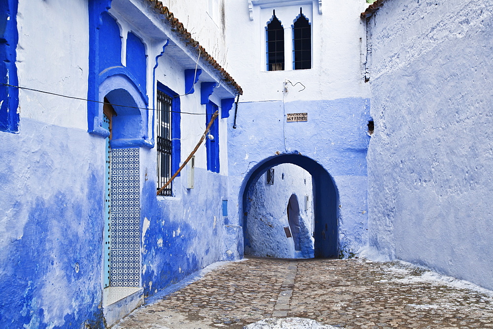 Blue Painted Buildings In The Backstreets Of Chefchaouen Medina, Chefchaouen, Morocco