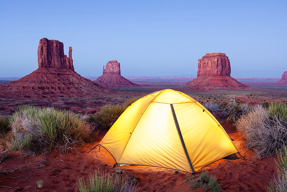 The Mittens And Tent At Dusk, Navajo Tribal Park, Monument Valley, Arizona, United States Of America