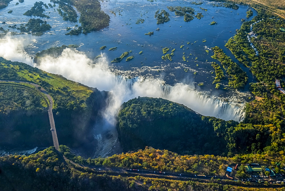 Aerial View Of Victoria Falls Behind Road, Botswana