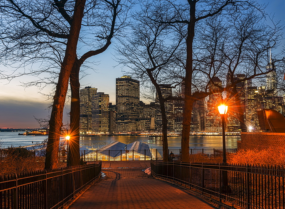 Lower Manhattan Skyline At Twilight, Pineapple Street Entrance To Brooklyn Promenade, Brooklyn, New York, United States Of America