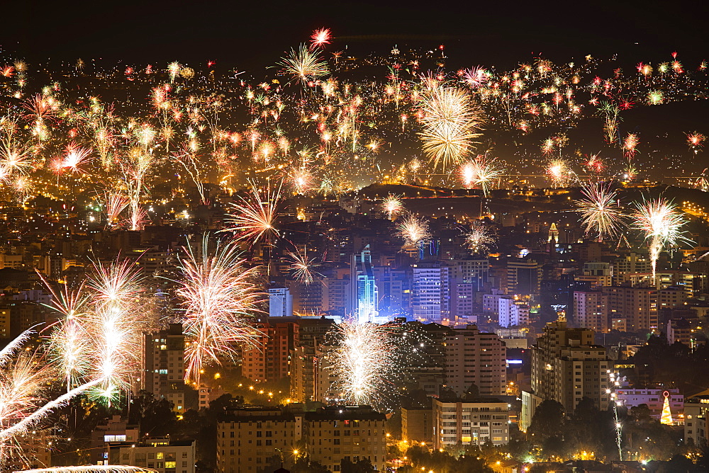 Fireworks Over The City Of Cochabamba At New Years, Cochabamba, Bolivia