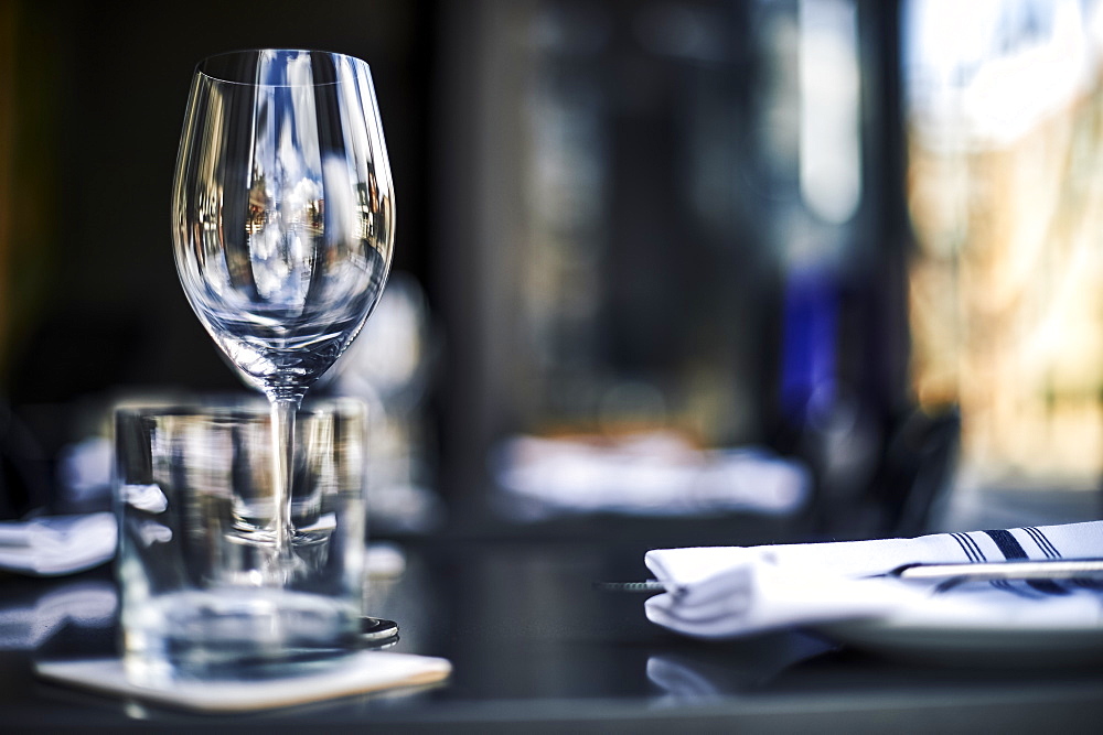 Glass Stemware And A Formal Place Setting On A Restaurant Table, Toronto, Ontario, Canada