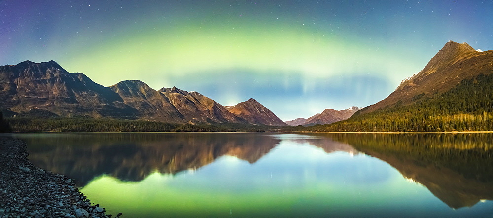 Green Aurora Borealis Lights Up The Night On A Clear Night At Upper Trail Lake In Moose Pass, South-Central Alaska, Alaska, United States Of America