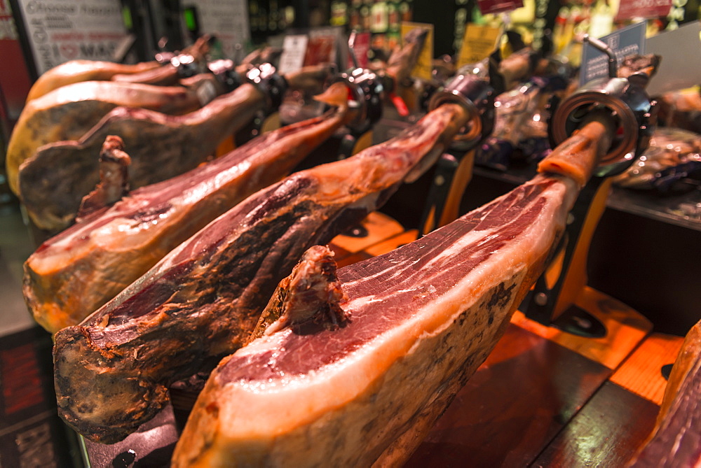 Spanish Ham In A Delicatessen Shop In Madrid's Downtown, Madrid, Spain