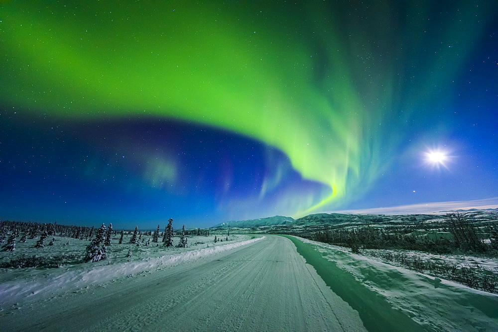 The Moon And Aurora Shine In The Night Sky Over A Snow Covered Richardson Highway South Of Delta Junction, Alaska, United States Of America