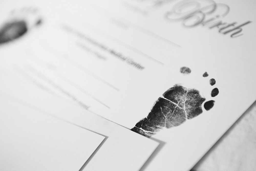 A Baby's Footprint In Ink In A Baby Book, Portland, Oregon, United States Of America