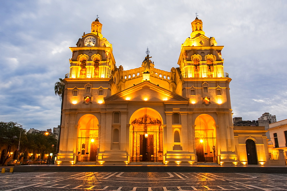 Fully Lit South American Church And Plaza At Dusk, Cordoba, Argentina