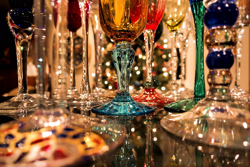 Reflections Of Christmas Tree Lights And Champagne Flutes Sparkle On Shiny Granite Counter, Anchorage, Alaska, United States Of America