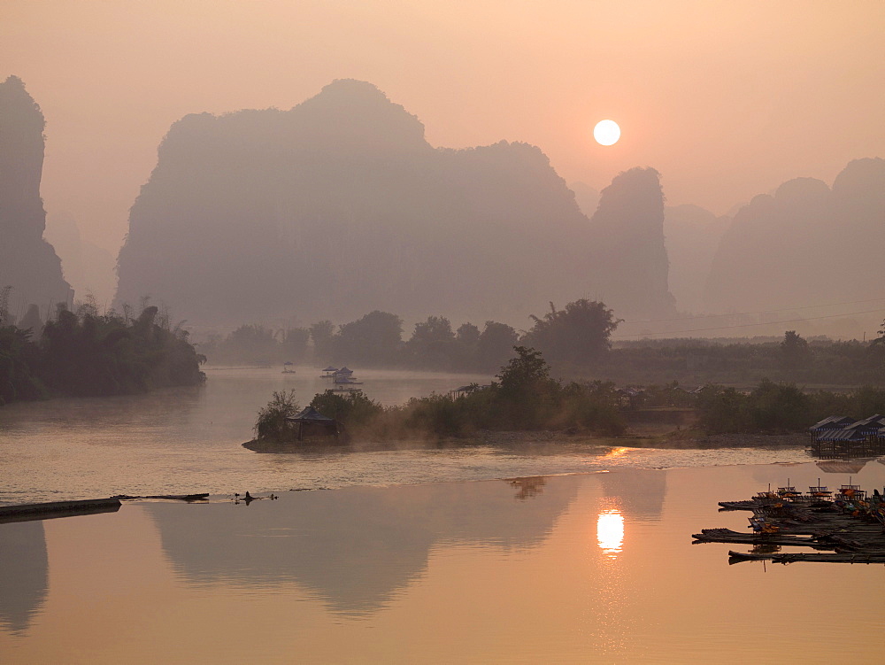 Sun In The Haze Above The Mountains, Yangshou, Guangxi, China