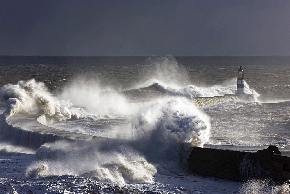 Waves Crashing On Lighthouse, Seaham, Teesside, England