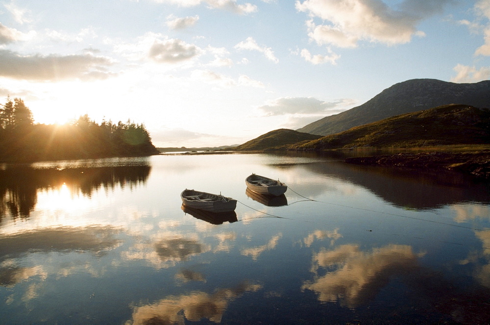 Boats On Ballynahinch Lake; Ballynahinch, County Galway, Ireland