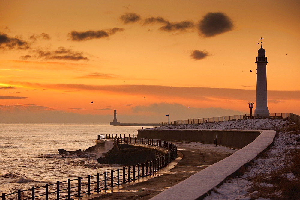 Sunderland, Tyne And Wear, England; A Lighthouse Along The Coast In The Winter