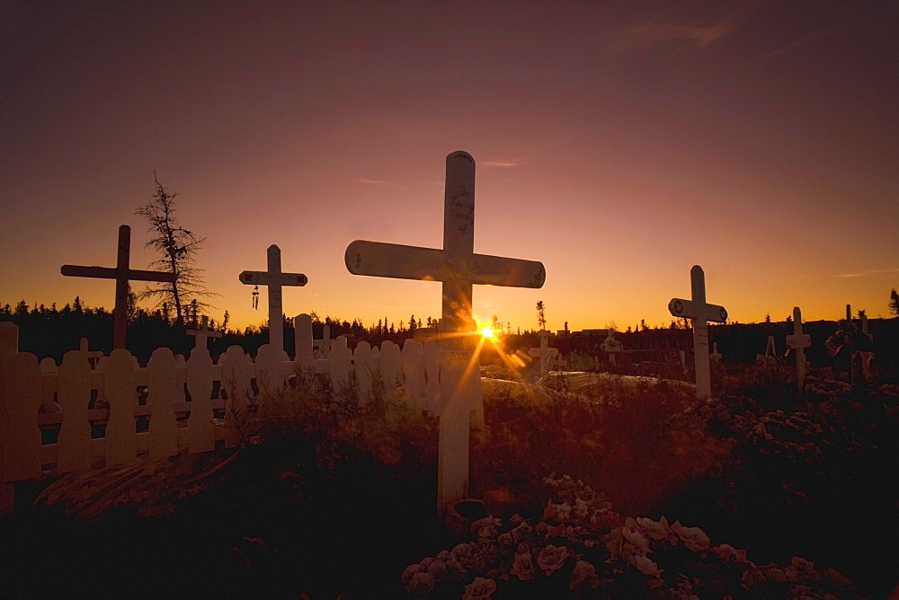 Inuvik, Northwest Territories, Canada; Cemetery In The Arctic At Sunset