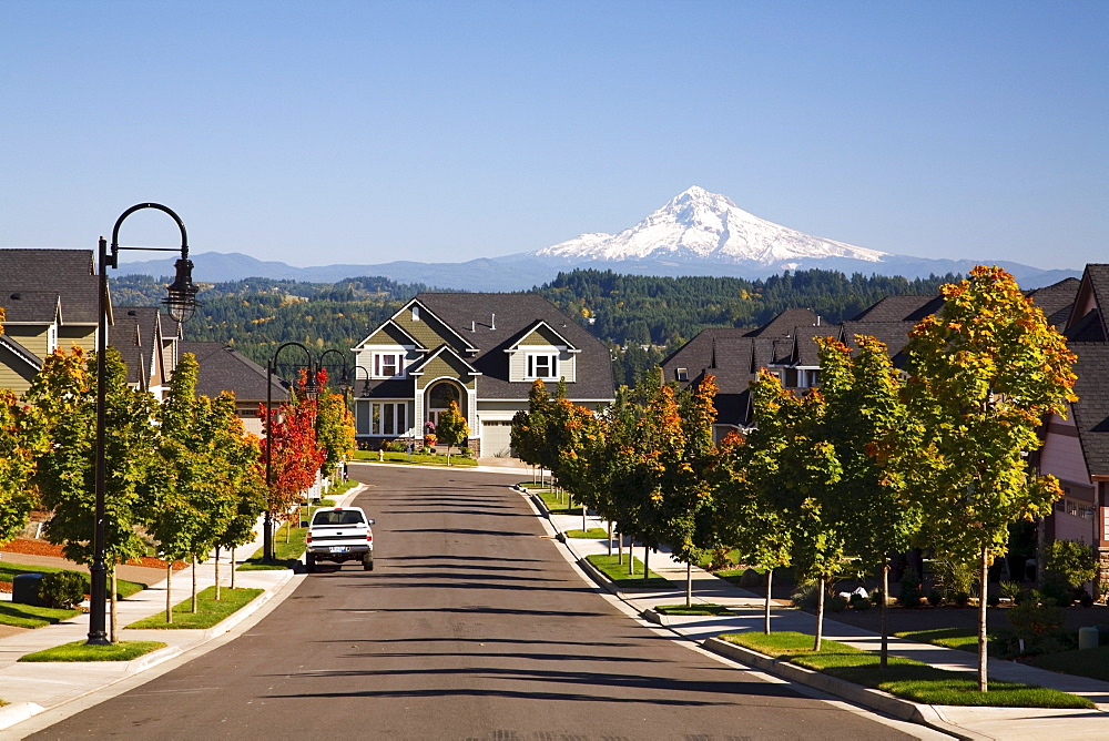 Oregon, United States Of America; Autumn Colors Along A Street With New Homes And A View Of Mount Hood