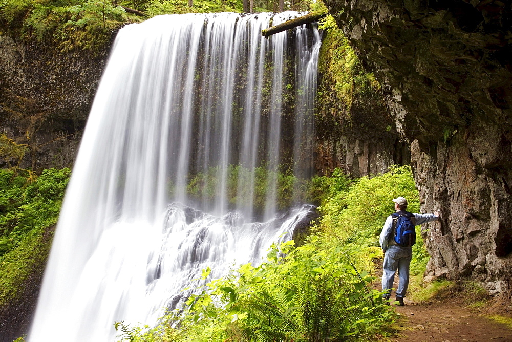 A Hiker At North Middle Falls In Silver Falls State Park; Oregon, USA