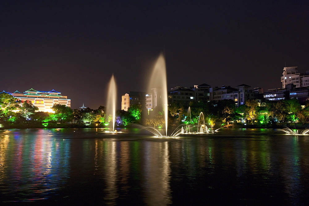 Guilin Lights At Night With Dancing Fountains; Guilin, Guangxi, China