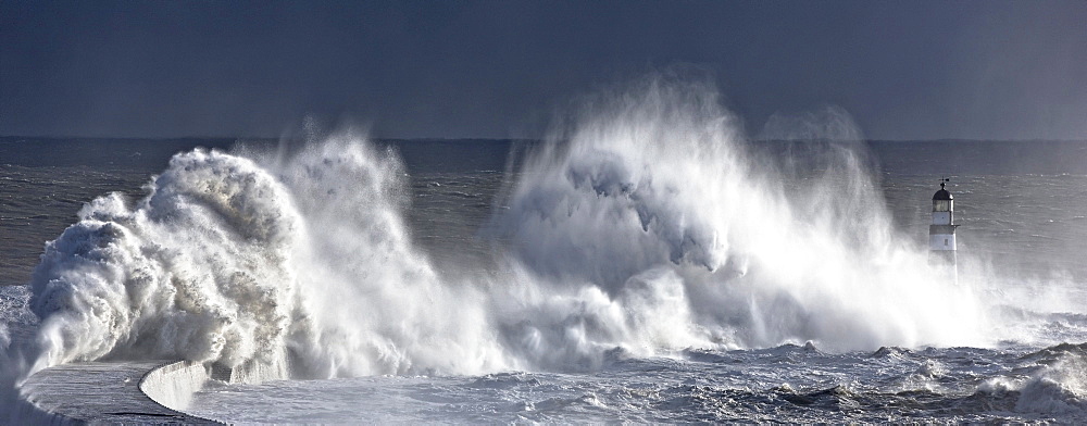 Waves Crashing On Lighthouse, Seaham, Teesside, England