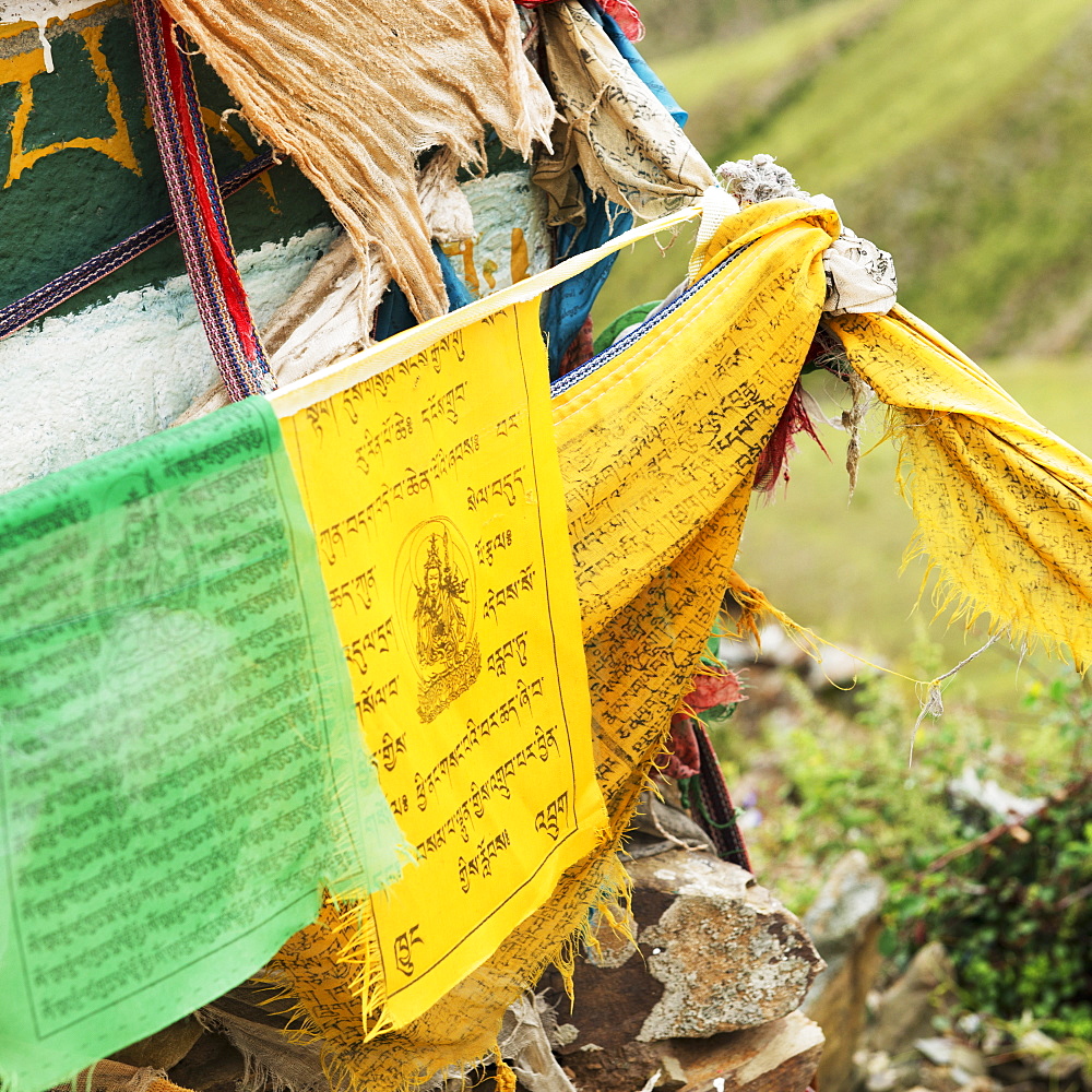 Green and yellow prayer flags, Shannan xizang china