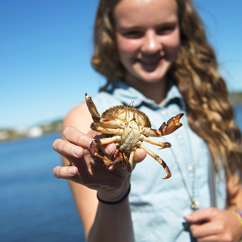 A Girl Holds Up A Crab, Twillingate, Newfoundland And Labrador, Canada