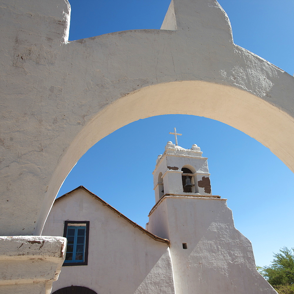 San Pedro De Atacama Church With Archway And Cross, San Pedro De Atacama, Antofagasta Region, Chile