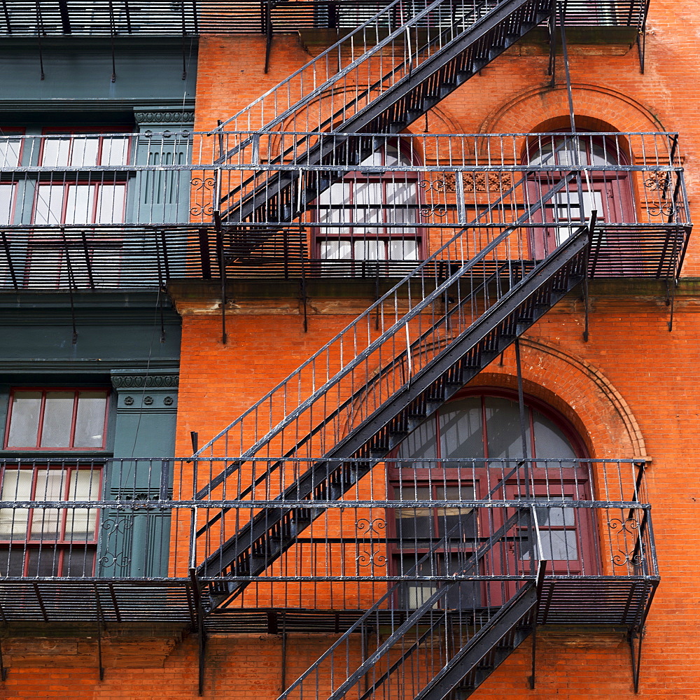 Brick Residential Building With Black Metal Fire Escapes, Soho, Lower Manhattan, New York City, New York, United States Of America