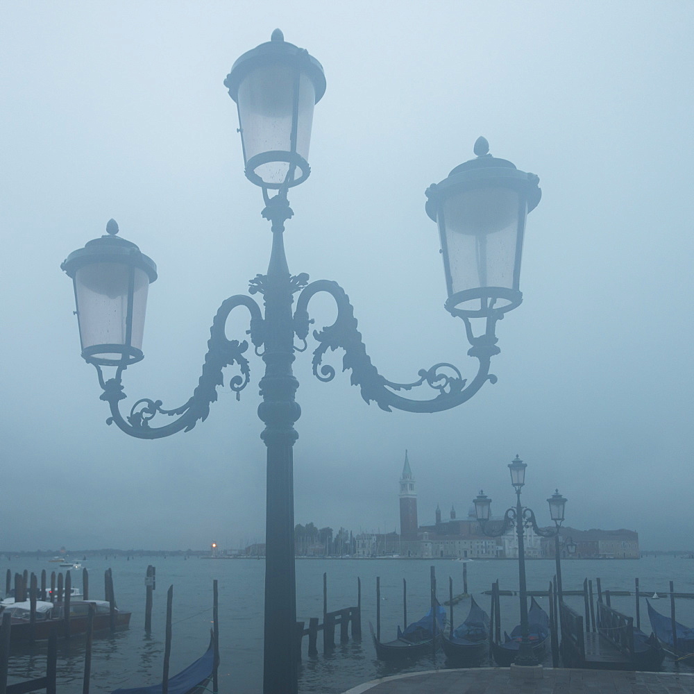 Ornate Lamp Post And San Marco Basin In Fog, Venice, Italy