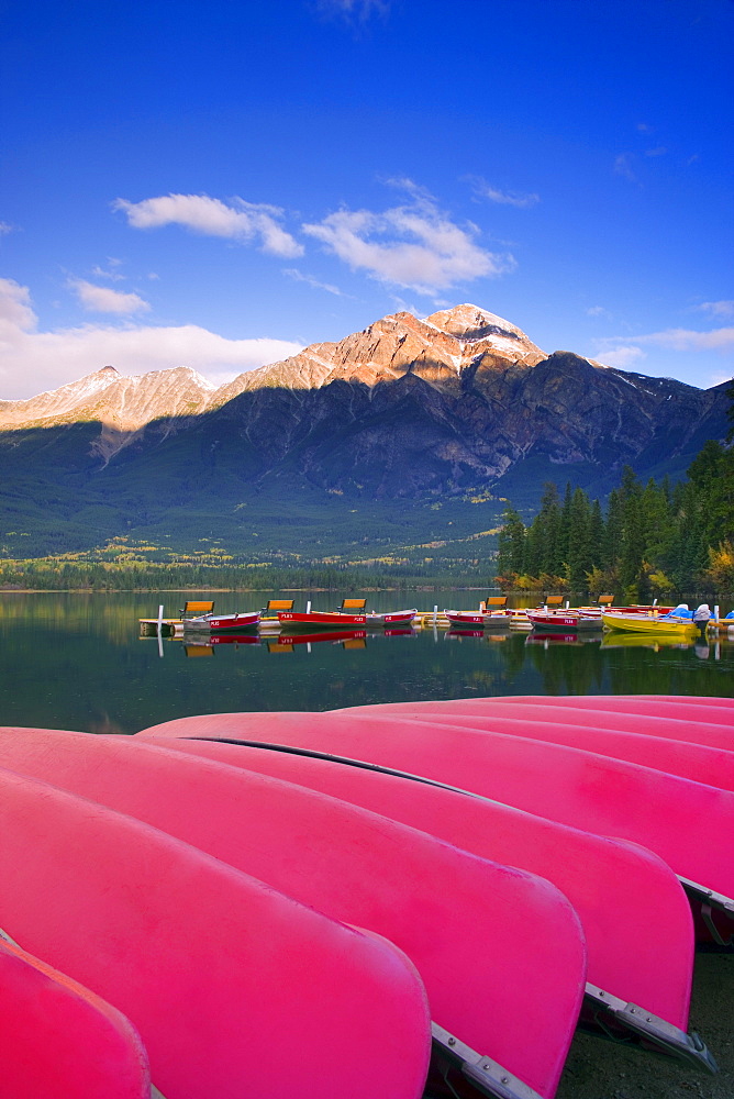 Canoes Docked At Pyramid Lake, Jasper, Alberta, Canada