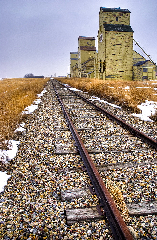 Grain Elevators Along Train Tacks, Alberta, Canada