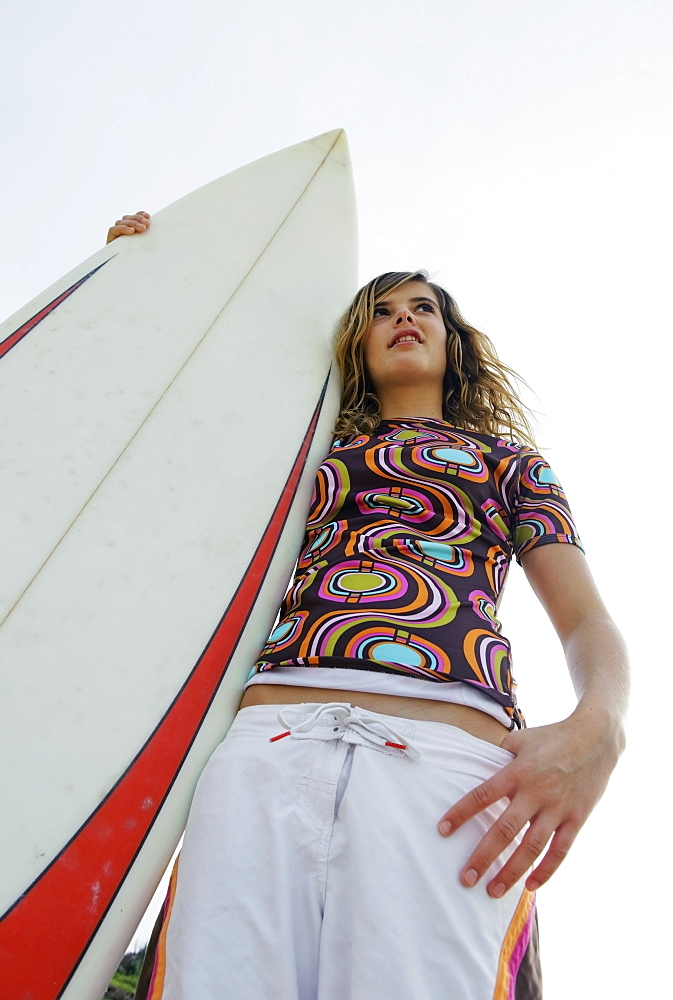 Young Woman With Her Surfboard, Tarifa, Cadiz, Andalusia, Spain