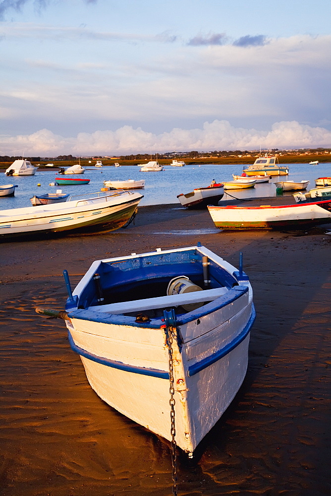 Boats Moored Near The Harbor Of Chiclana De La Frontera In Santa Petri, Andalusia, Spain