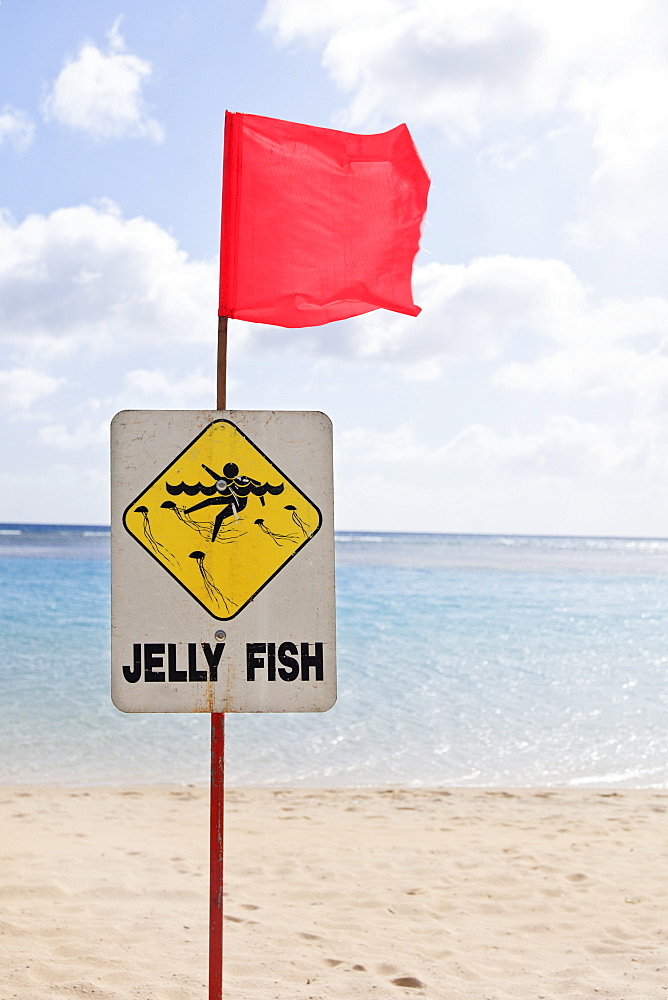 Sign on the beach with red flag warning of jelly fish, Honolulu hawaii united states of america