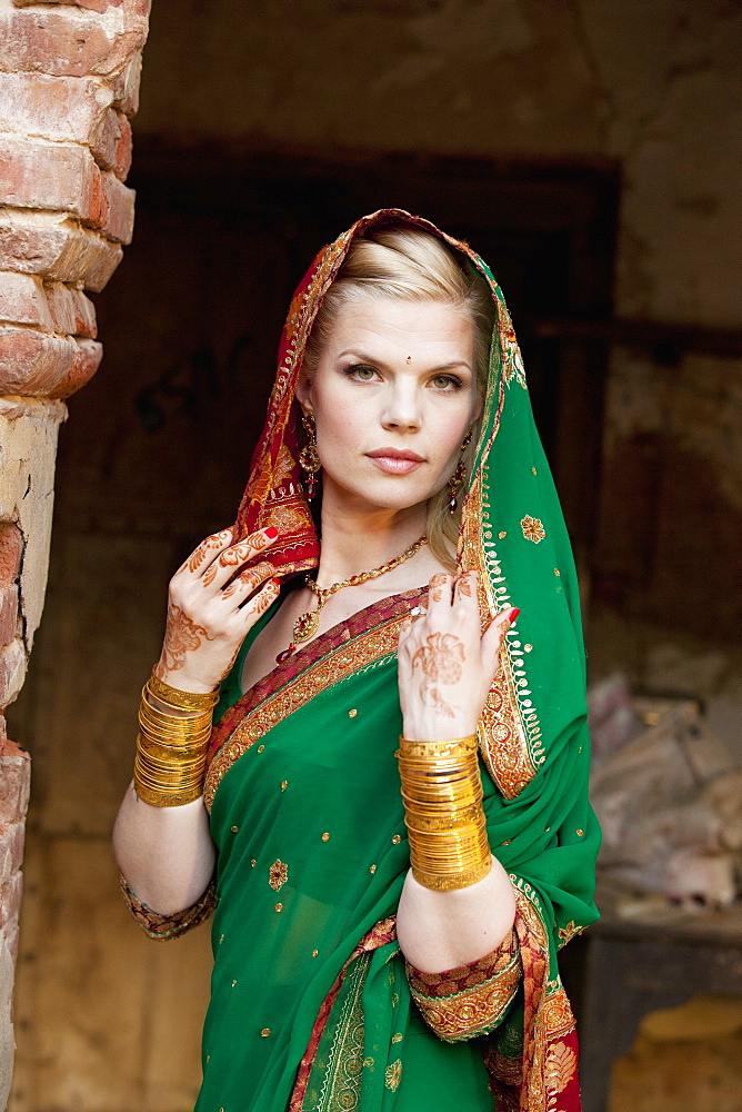 Portrait Of A Blond Woman Wearing A Sari And Headscarf, Ludhiana, Punjab, India