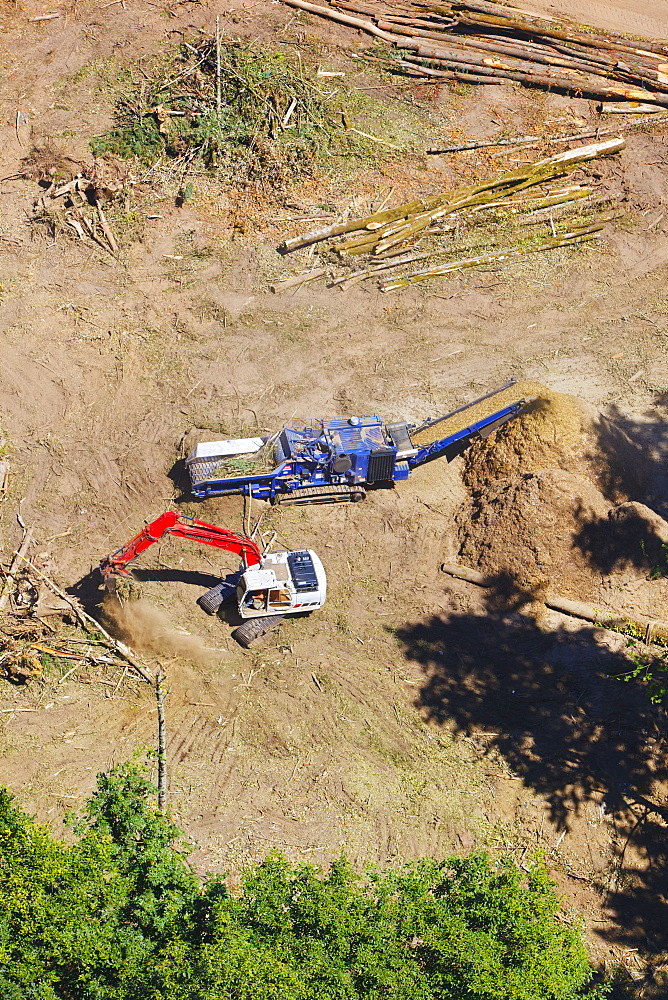 Aerial View Of Heavy Equipment Clearing Land For Development, Portland, Oregon, United States of America