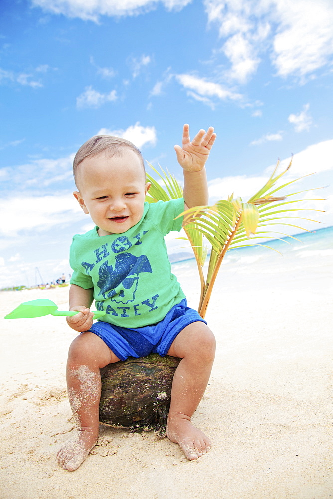 A Baby Boy Sits On A Coconut And Palm Frond On The Beach At The Water's Edge, Kailua, Oahu, Hawaii, United States Of America