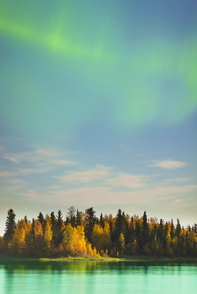 Autumn Foliage Reflected In The Water At The Chena Lakes Recreation Area, Northern Lights In The Sky, Fairbanks, Alaska, United States Of America