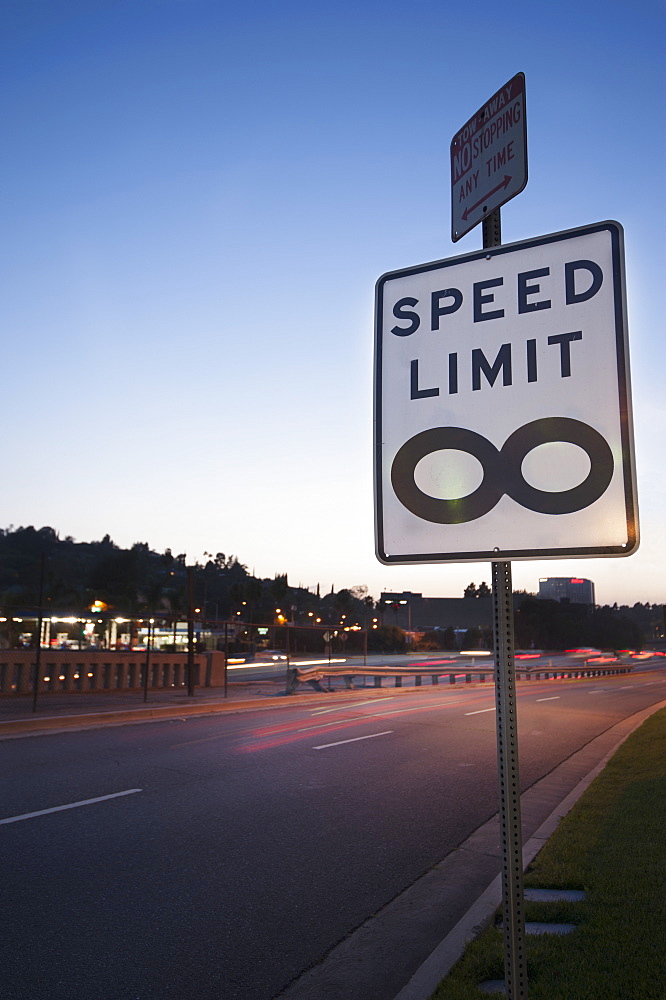 Traffic sign stating 'speed limit infinity' at barham boulevard freeway entrance, Los angeles california united states of america